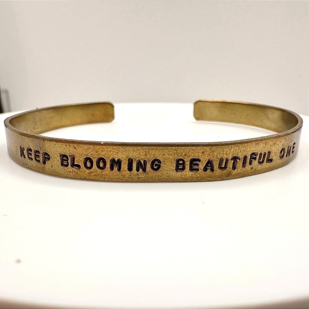 Vintage 80s Brass Cuff Bracelet Keep Blooming Beautiful One Engraved Jewelry Y2K